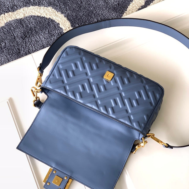 Fend Baguette 27 Bag With FF Motif Blue Leather Ghw