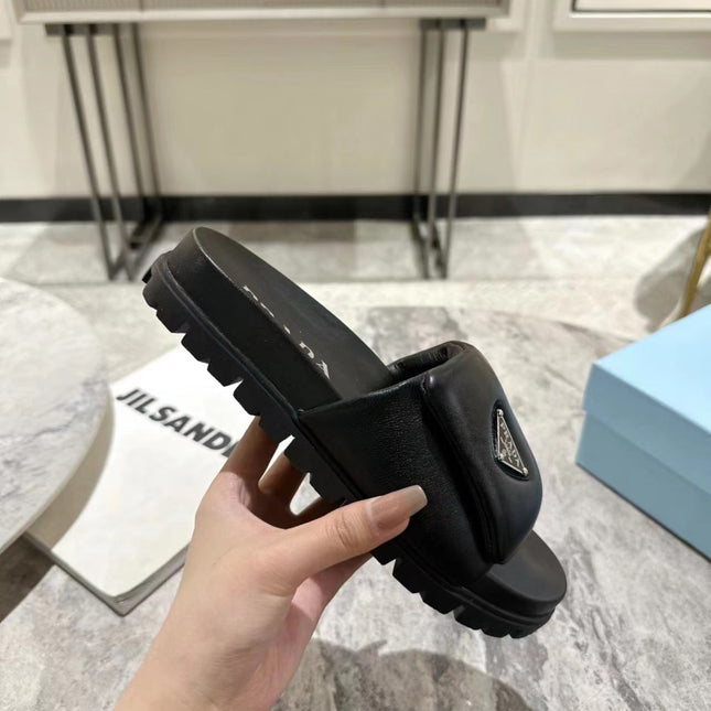 PRA SHEARLING SLIDES BLACK LAMBSKIN