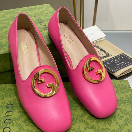 BLONDIE LOGO-PLAQUE LOAFERS IN BRIGHT PINK CALFSKIN WITH GOLD HARDWARE