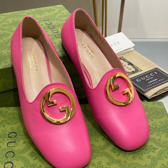 BLONDIE LOGO-PLAQUE LOAFERS IN BRIGHT PINK CALFSKIN WITH GOLD HARDWARE