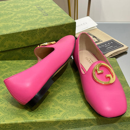 BLONDIE LOGO-PLAQUE LOAFERS IN BRIGHT PINK CALFSKIN WITH GOLD HARDWARE