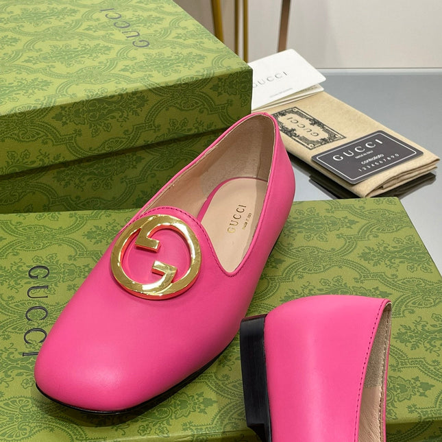 BLONDIE LOGO-PLAQUE LOAFERS IN BRIGHT PINK CALFSKIN WITH GOLD HARDWARE