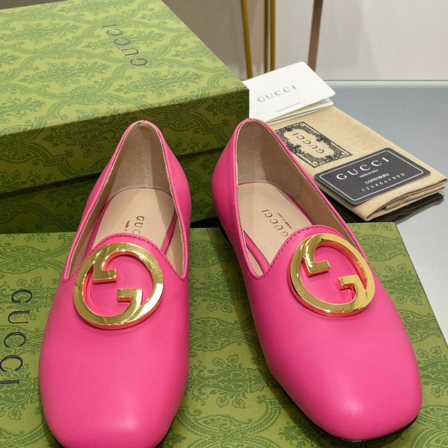 BLONDIE LOGO-PLAQUE LOAFERS IN BRIGHT PINK CALFSKIN WITH GOLD HARDWARE