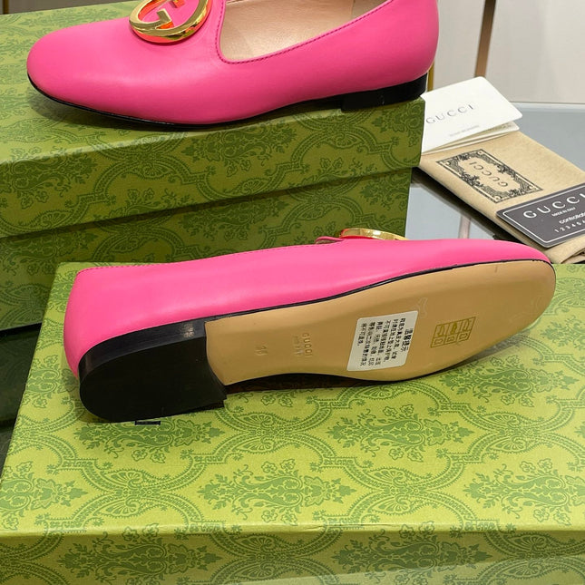 BLONDIE LOGO-PLAQUE LOAFERS IN BRIGHT PINK CALFSKIN WITH GOLD HARDWARE