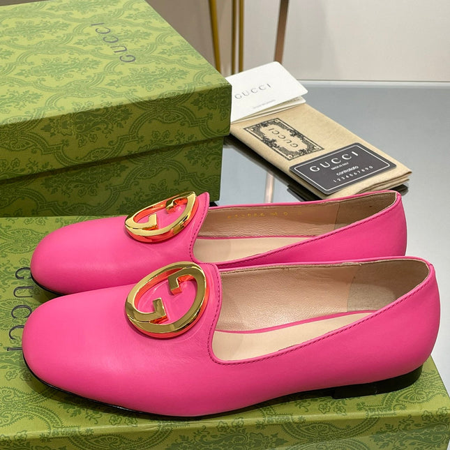 BLONDIE LOGO-PLAQUE LOAFERS IN BRIGHT PINK CALFSKIN WITH GOLD HARDWARE