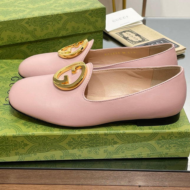 BLONDIE LOGO-PLAQUE LOAFERS IN LIGHT PINK CALFSKIN WITH GOLD HARDWARE