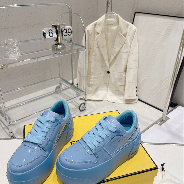 FENDI LOW-TOP TRAINER IN CERULEAN BLUE CALFSKIN