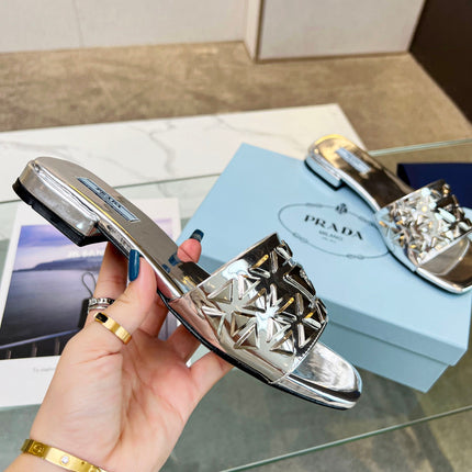 PRA EMBROIDERED SLIDES FLAT SILVER CALFSKIN