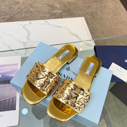 PRA EMBROIDERED SLIDES FLAT METALLIC GOLD CALFSKIN