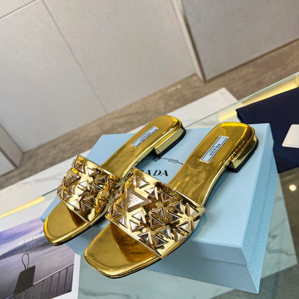 PRA EMBROIDERED SLIDES FLAT METALLIC GOLD CALFSKIN