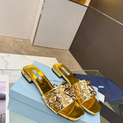 PRA EMBROIDERED SLIDES FLAT METALLIC GOLD CALFSKIN