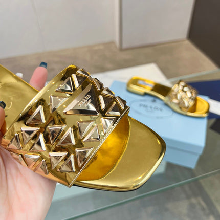 PRA EMBROIDERED SLIDES FLAT METALLIC GOLD CALFSKIN