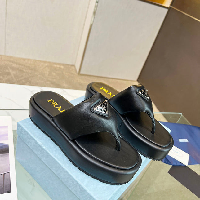 PRA SOFT PADDED NAPPA THONG WEDGE SANDALS BLACK LAMBSKIN