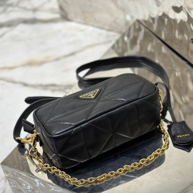 CAMERA BAG 22 IN BLACK TRIANGLE PATTERN QUILTED LAMBSKIN GOLD HARDWARE