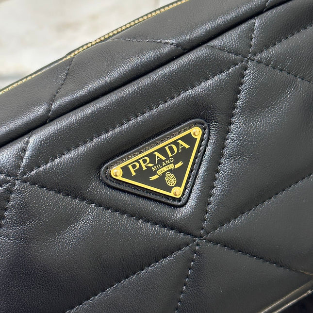 CAMERA BAG 22 IN BLACK TRIANGLE PATTERN QUILTED LAMBSKIN GOLD HARDWARE