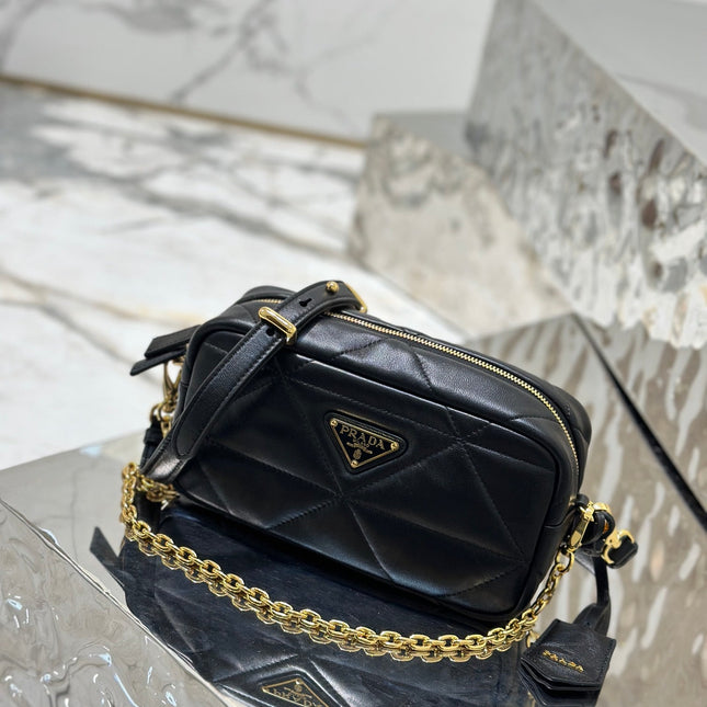 CAMERA BAG 22 IN BLACK TRIANGLE PATTERN QUILTED LAMBSKIN GOLD HARDWARE