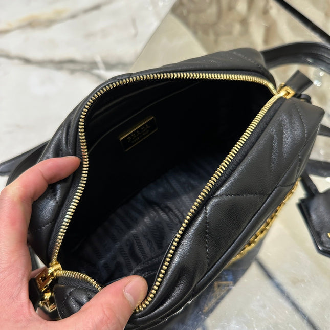 CAMERA BAG 22 IN BLACK TRIANGLE PATTERN QUILTED LAMBSKIN GOLD HARDWARE