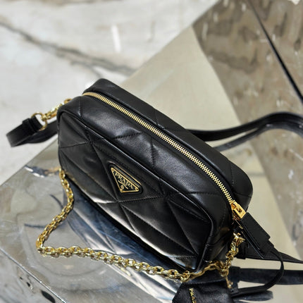 CAMERA BAG 22 IN BLACK TRIANGLE PATTERN QUILTED LAMBSKIN GOLD HARDWARE