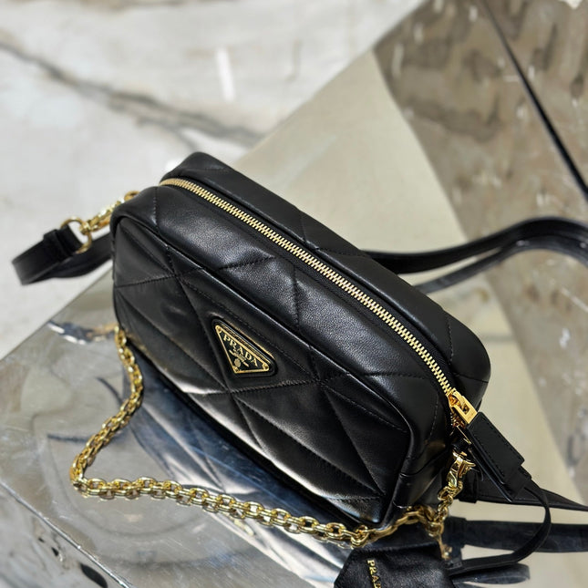 CAMERA BAG 22 IN BLACK TRIANGLE PATTERN QUILTED LAMBSKIN GOLD HARDWARE