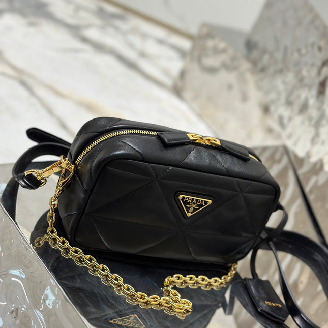 CAMERA BAG 22 IN BLACK TRIANGLE PATTERN QUILTED LAMBSKIN GOLD HARDWARE
