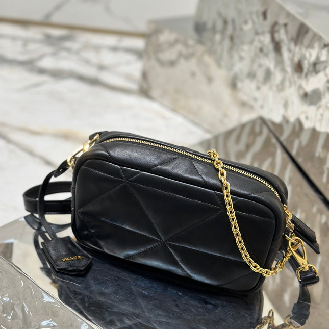 CAMERA BAG 22 IN BLACK TRIANGLE PATTERN QUILTED LAMBSKIN GOLD HARDWARE