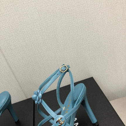 FLORAL HIGH HEEL SANDAL IN SAPPHIRE BLUE LAMBSKIN