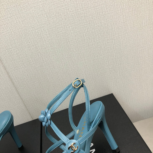 FLORAL HIGH HEEL SANDAL IN SAPPHIRE BLUE LAMBSKIN