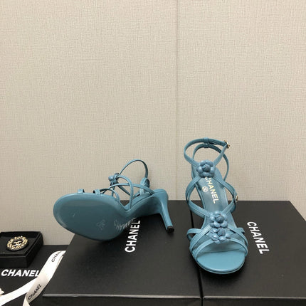 FLORAL HIGH HEEL SANDAL IN SAPPHIRE BLUE LAMBSKIN