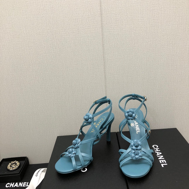 FLORAL HIGH HEEL SANDAL IN SAPPHIRE BLUE LAMBSKIN