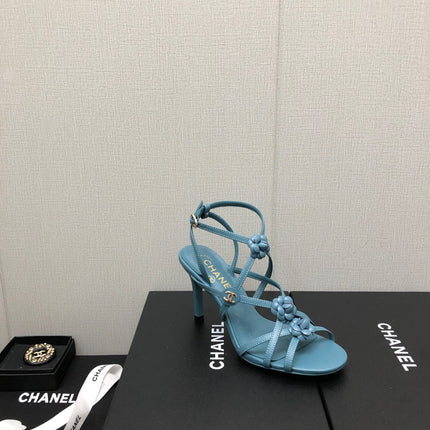 FLORAL HIGH HEEL SANDAL IN SAPPHIRE BLUE LAMBSKIN