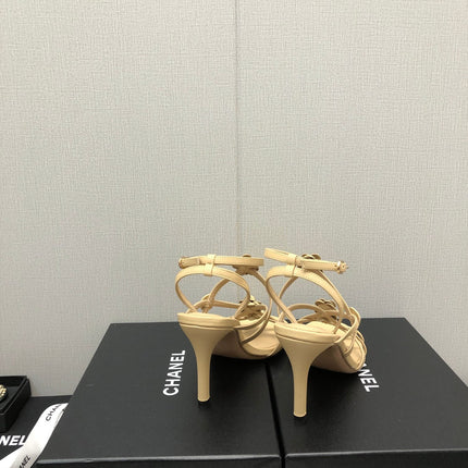 FLORAL HIGH HEEL SANDAL IN SAND YELLOW LAMBSKIN