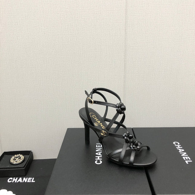 FLORAL HIGH HEEL SANDAL IN BLACK LAMBSKIN