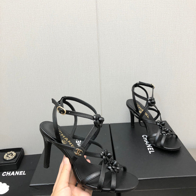 FLORAL HIGH HEEL SANDAL IN BLACK LAMBSKIN