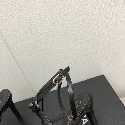 FLORAL HIGH HEEL SANDAL IN BLACK LAMBSKIN