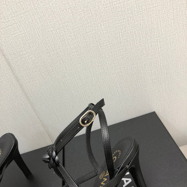 FLORAL HIGH HEEL SANDAL IN BLACK LAMBSKIN