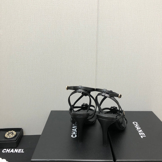 FLORAL HIGH HEEL SANDAL IN BLACK LAMBSKIN