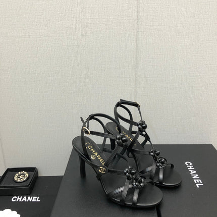 FLORAL HIGH HEEL SANDAL IN BLACK LAMBSKIN