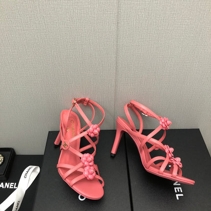 FLORAL HIGH HEEL SANDAL IN DARK PINK LAMBSKIN