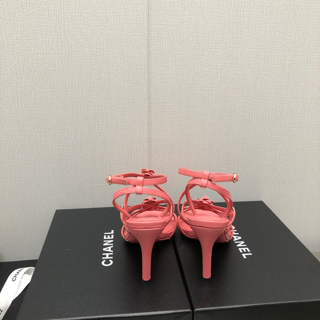 FLORAL HIGH HEEL SANDAL IN DARK PINK LAMBSKIN