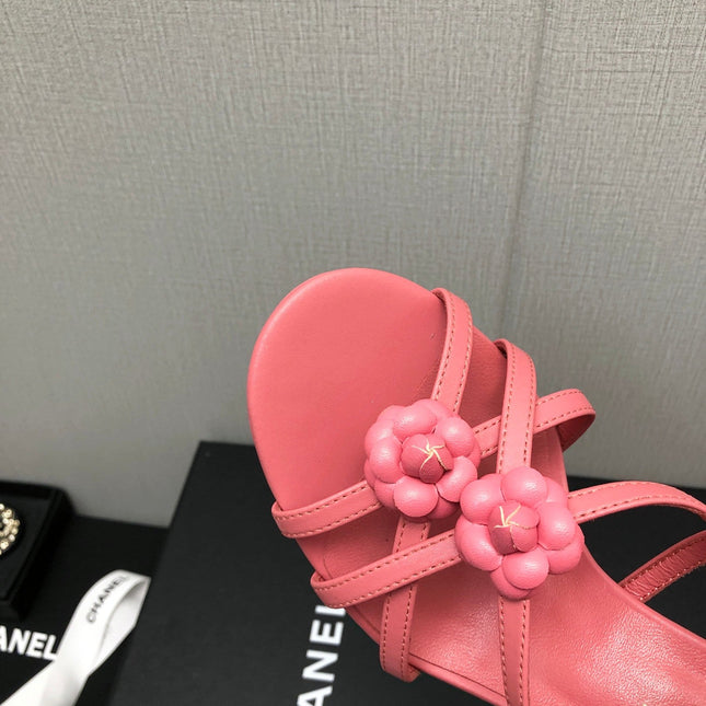 FLORAL HIGH HEEL SANDAL IN DARK PINK LAMBSKIN