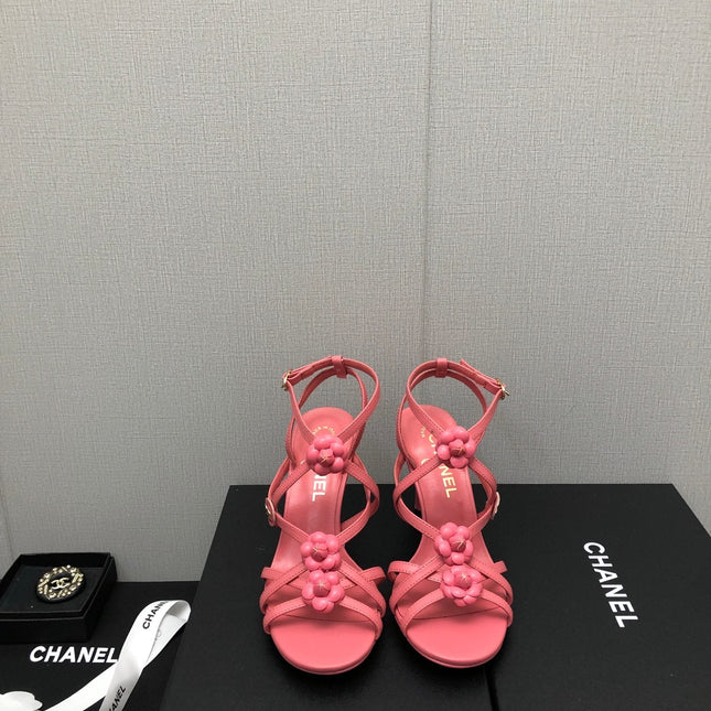 FLORAL HIGH HEEL SANDAL IN DARK PINK LAMBSKIN