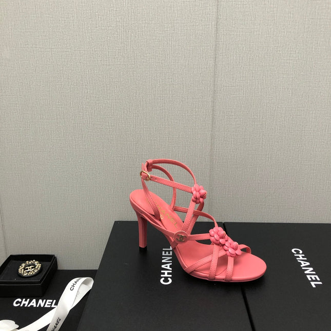 FLORAL HIGH HEEL SANDAL IN DARK PINK LAMBSKIN