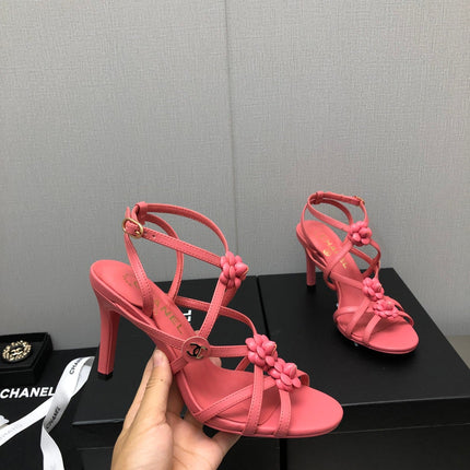 FLORAL HIGH HEEL SANDAL IN DARK PINK LAMBSKIN