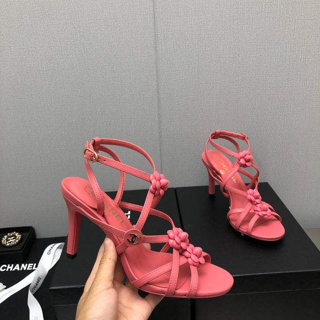 FLORAL HIGH HEEL SANDAL IN DARK PINK LAMBSKIN