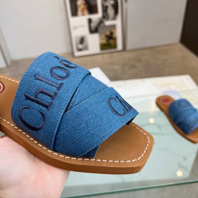 WOODY MULE IN COBALT BLUE DENIM WITH EMBROIDERED LOGO