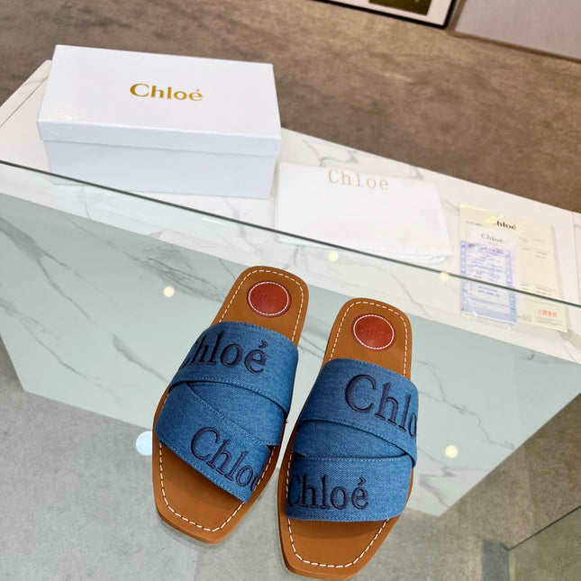 WOODY MULE IN COBALT BLUE DENIM WITH EMBROIDERED LOGO