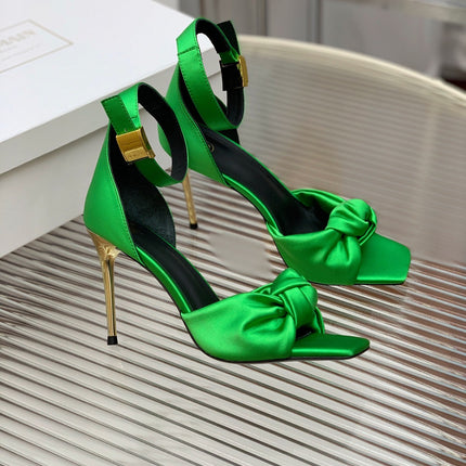 BALMAIN 25S KNOTTED HIGH HEELS 95MM IN KELLY GREEN SATIN