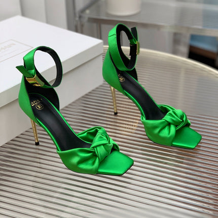 BALMAIN 25S KNOTTED HIGH HEELS 95MM IN KELLY GREEN SATIN