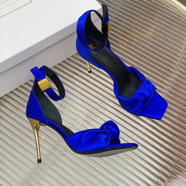 BALMAIN 25S KNOTTED HIGH HEELS 95MM IN DARK BLUE SATIN
