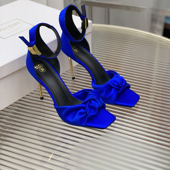 BALMAIN 25S KNOTTED HIGH HEELS 95MM IN DARK BLUE SATIN